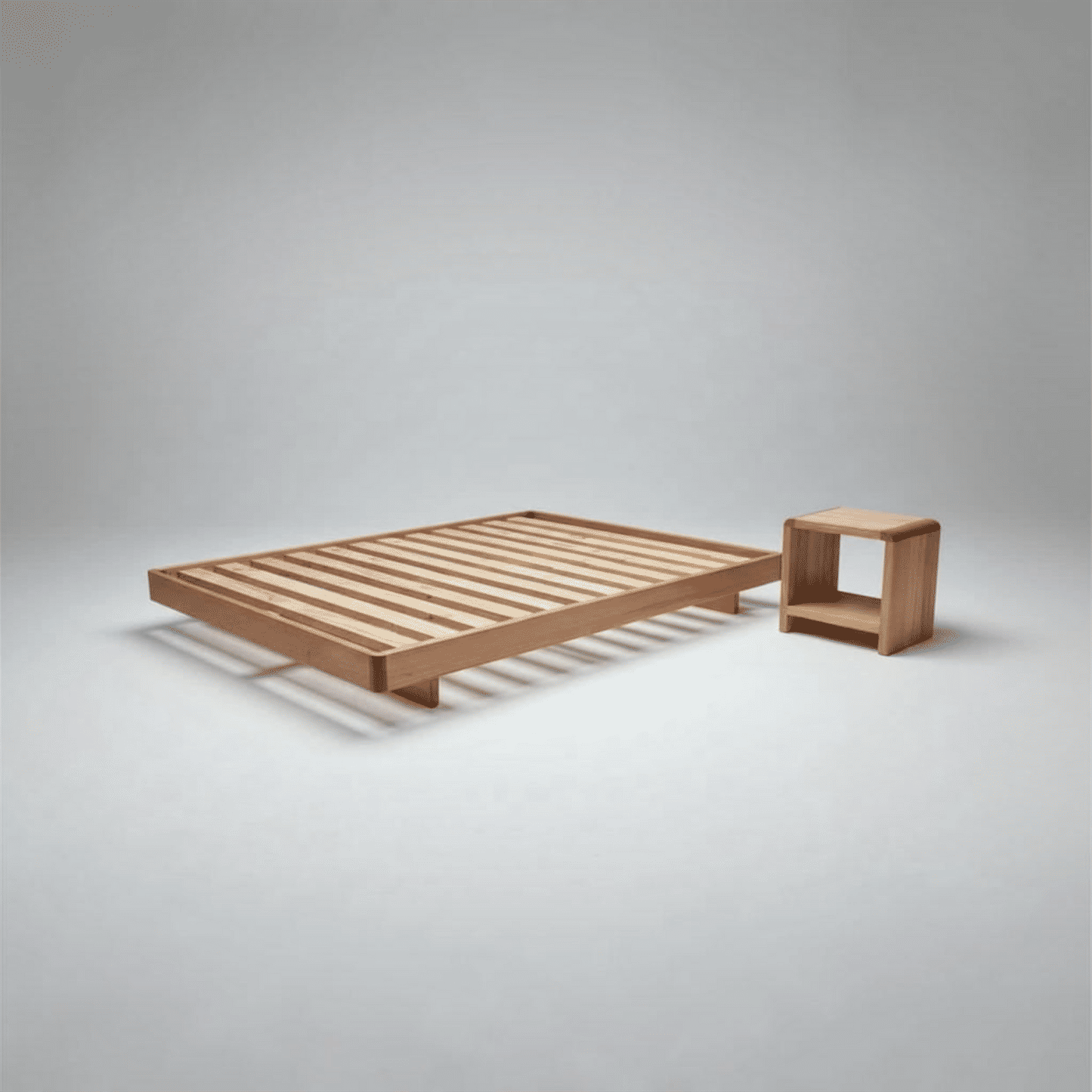 Malanya Solid Vic Ash Queen Bed with Curved Edges & Floating Legs & Sleeprite Ortho Posture Queen Mattress — Floor Stock, Available Now