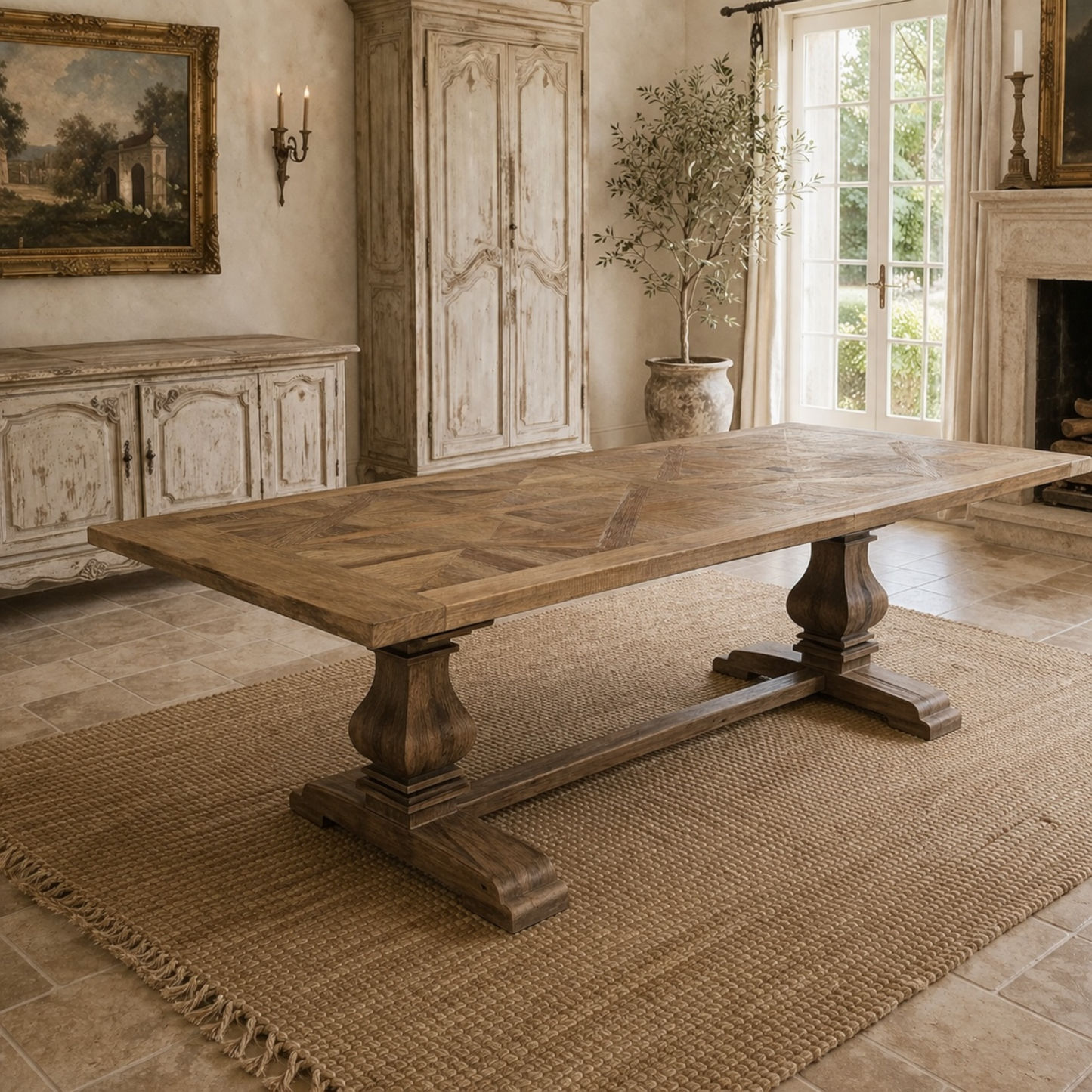 Tremayne Recycled Elm Rustic Pedestal Leg Dining Table with Parquetry Pattern 200cm