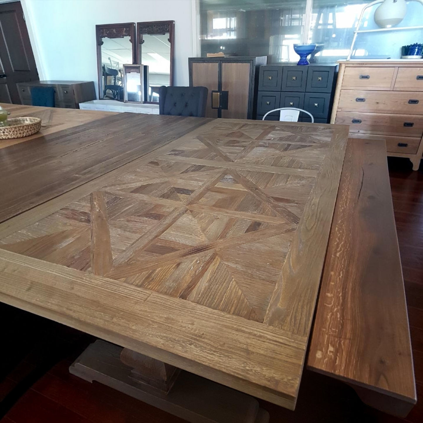 Tremayne Recycled Elm Rustic Pedestal Leg Dining Table with Parquetry Pattern 200cm