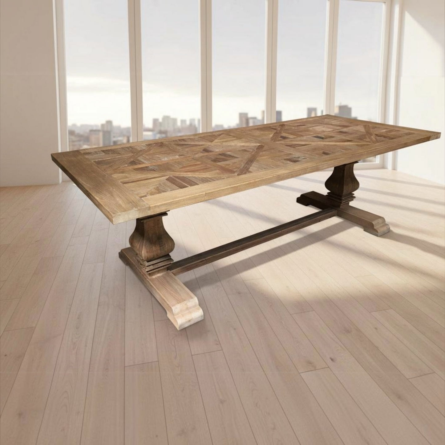 Tremayne Recycled Elm Rustic Pedestal Leg Dining Table with Parquetry Pattern 200cm