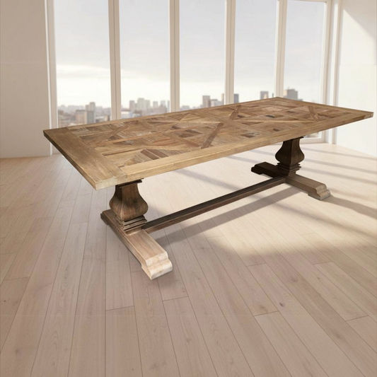 Tremayne Recycled Elm Rustic Pedestal Leg Dining Table with Parquetry Pattern 200cm