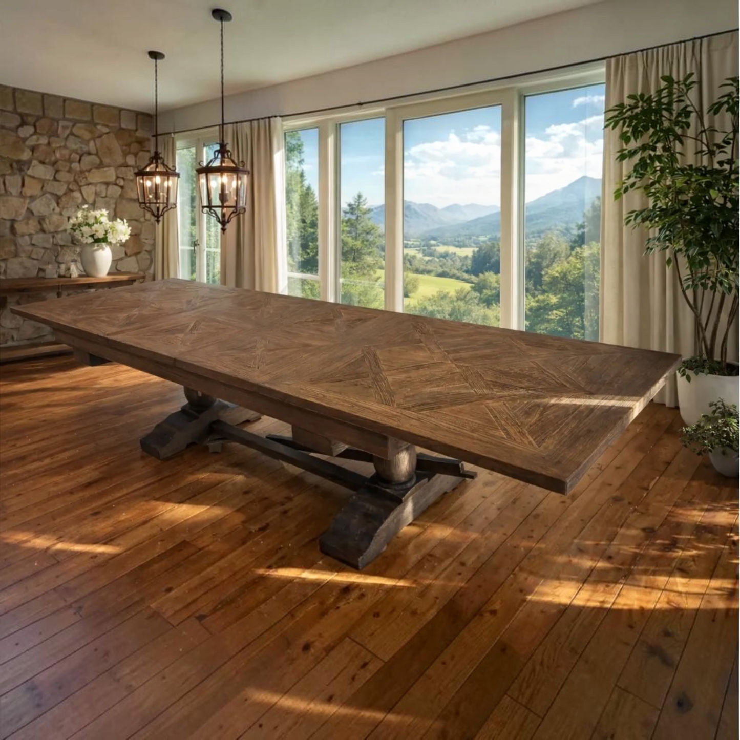 Harlow Parquet Reclaimed Elm Double Extension Dining Table with Pedestal Base