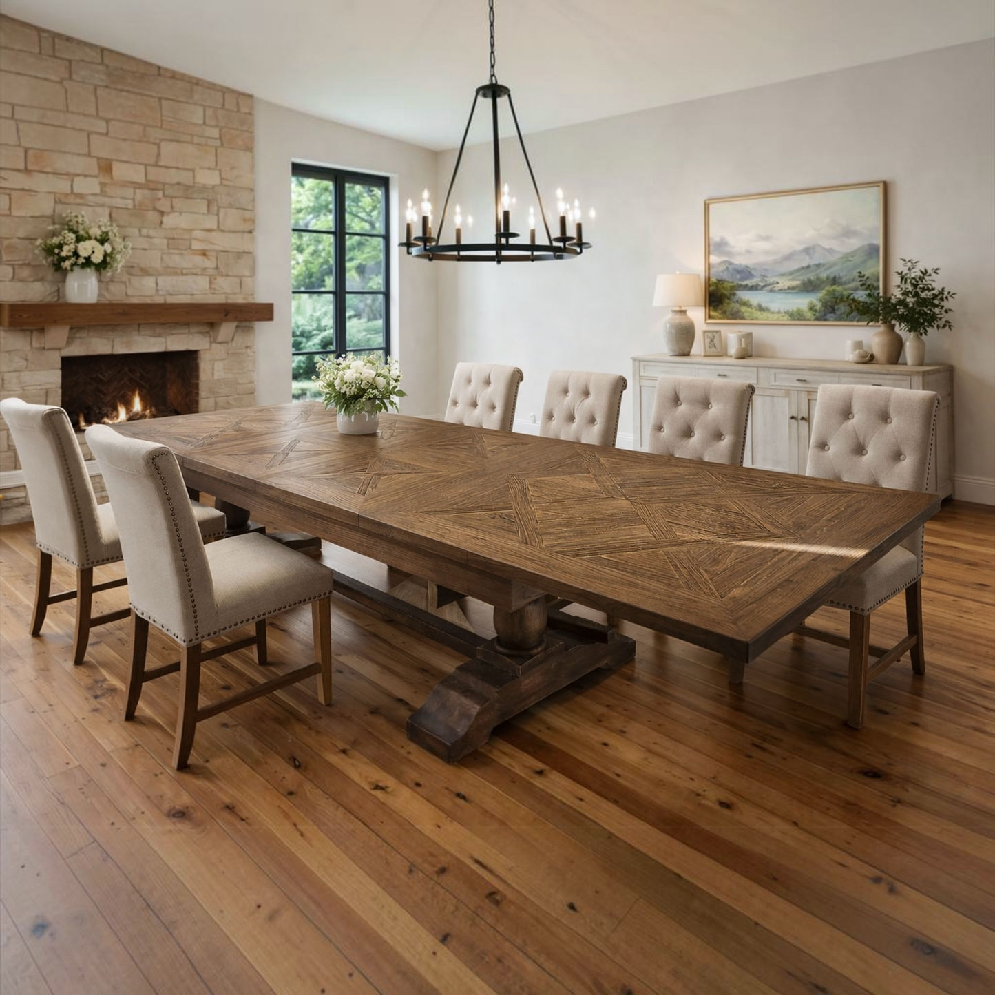 Harlow Parquet Reclaimed Elm Double Extension Dining Table with Pedestal Base