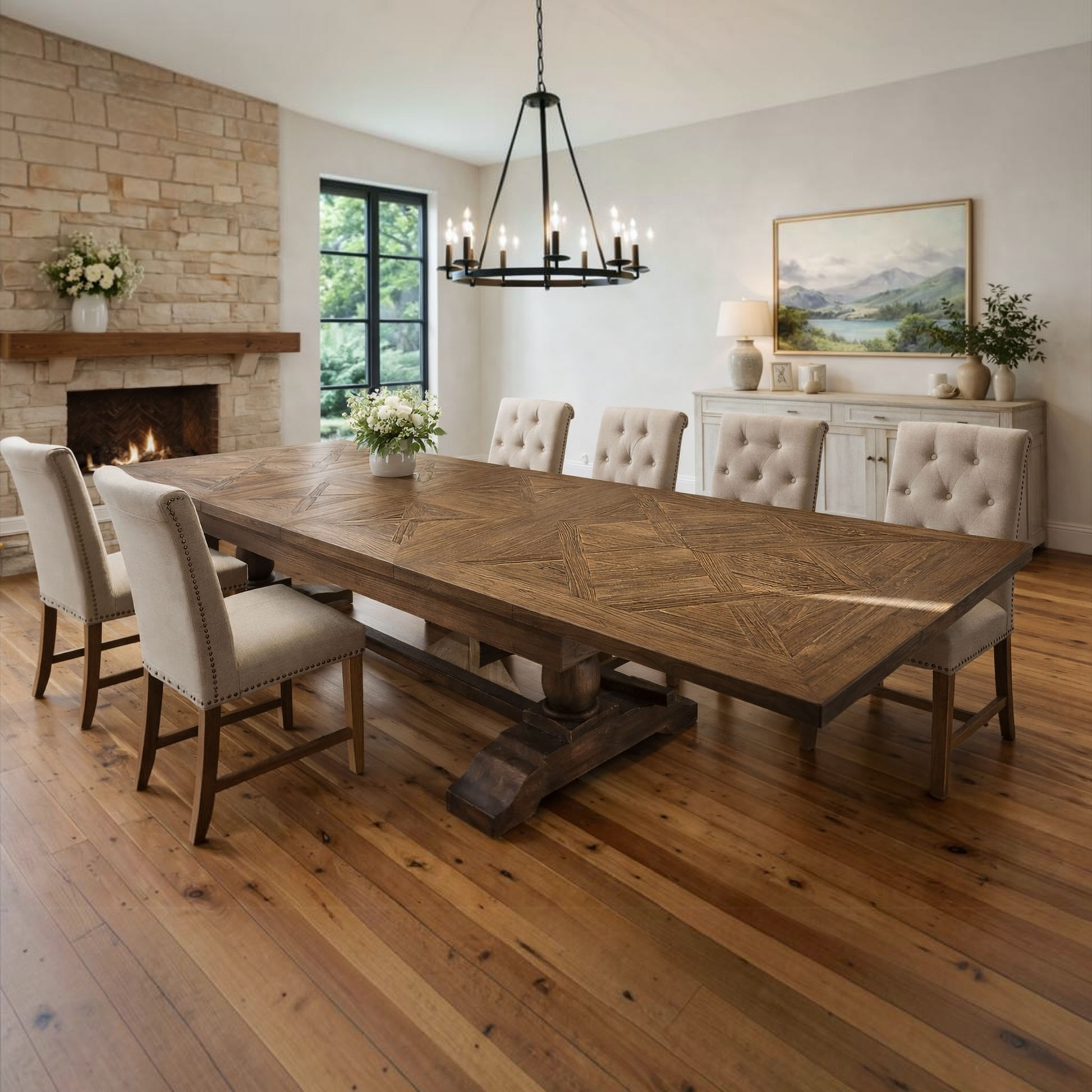 Harlow Parquet Reclaimed Elm Double Extension Dining Table with Pedestal Base