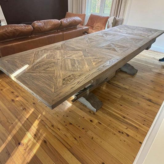 Harlow Parquet Reclaimed Elm Double Extension Dining Table with Pedestal Base