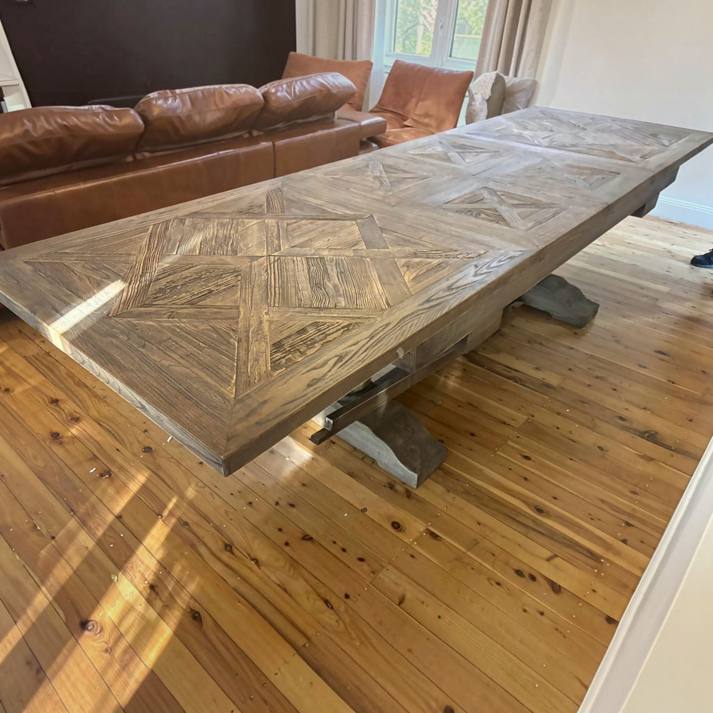 Harlow Parquet Reclaimed Elm Double Extension Dining Table with Pedestal Base
