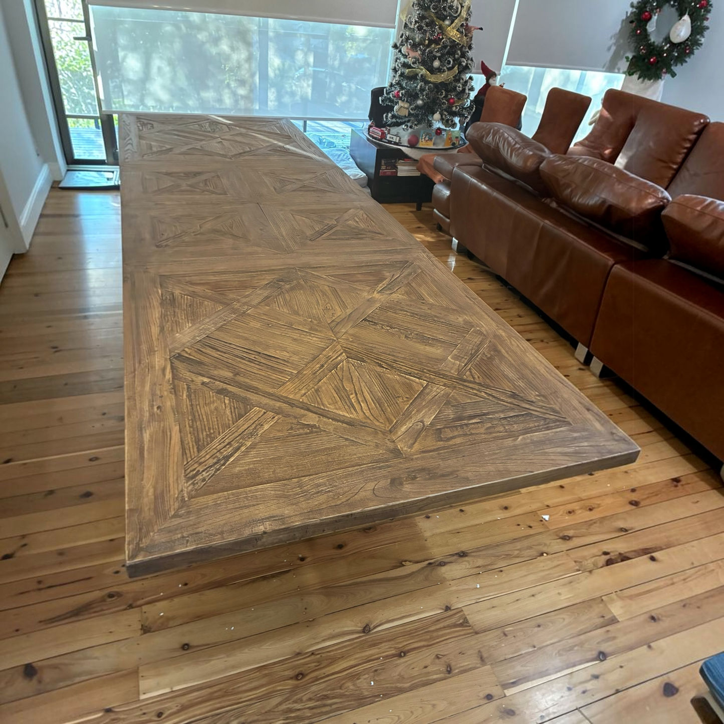 Harlow Parquet Reclaimed Elm Double Extension Dining Table with Pedestal Base