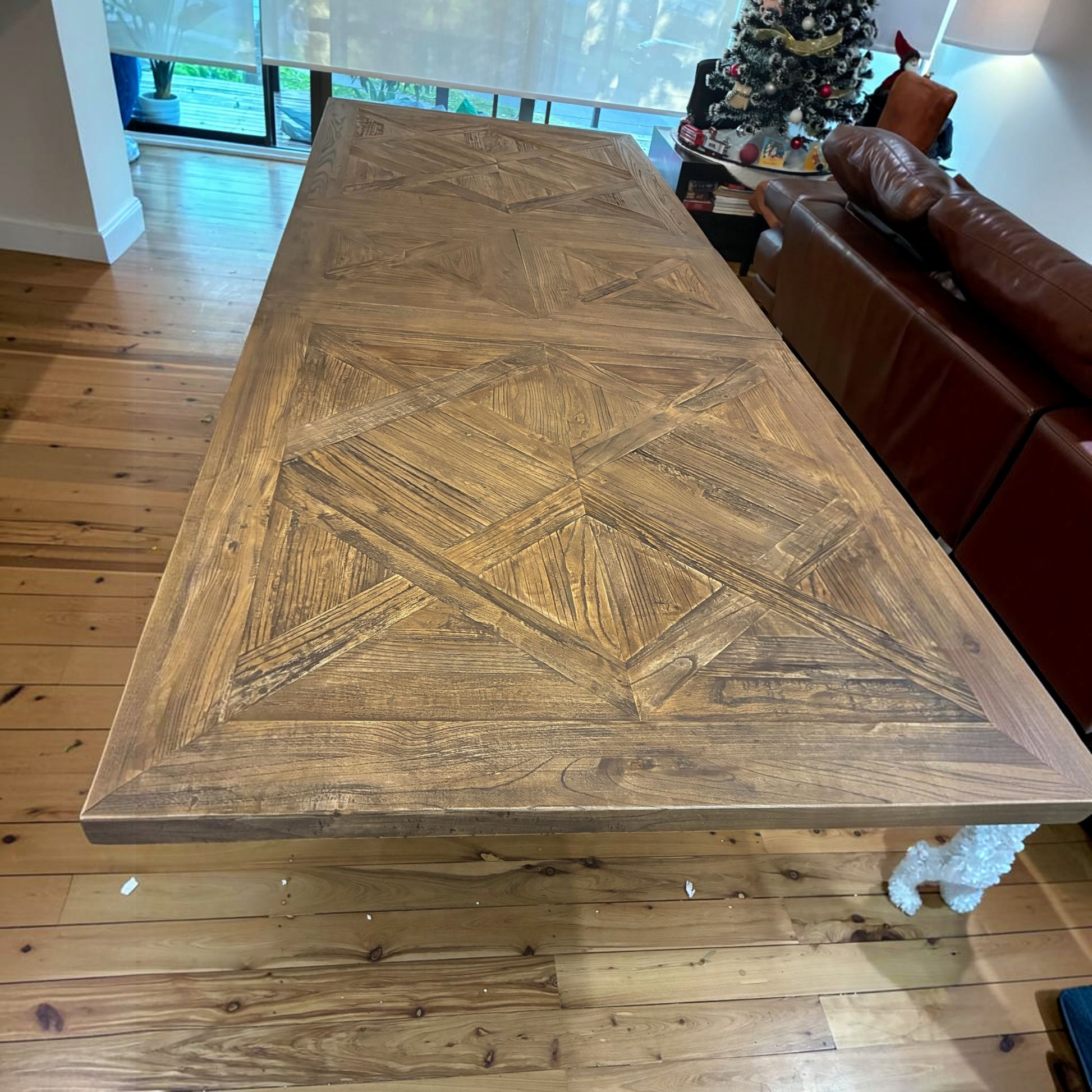 Harlow Parquet Reclaimed Elm Double Extension Dining Table with Pedestal Base