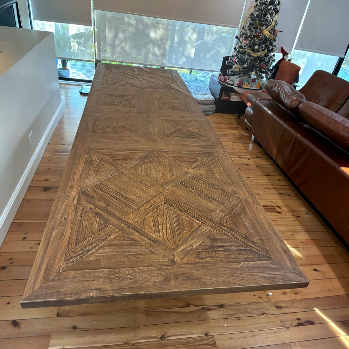 Harlow Parquet Reclaimed Elm Double Extension Dining Table with Pedestal Base