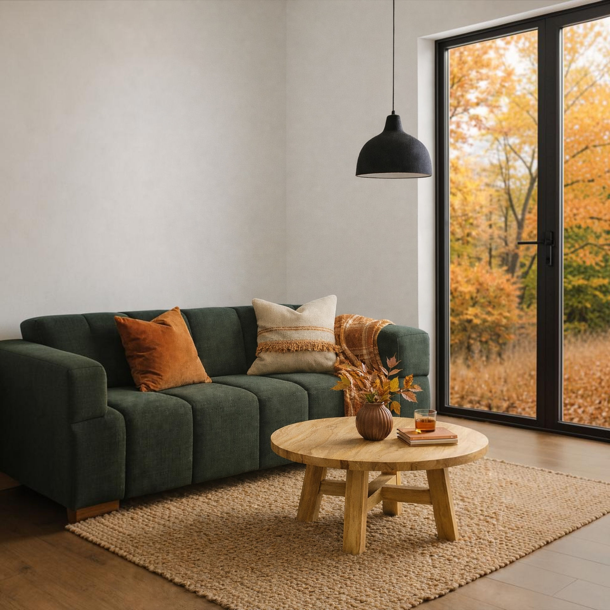 A modern living room scene featuring a dark green fabric sofa with orange and beige throw pillows, a round wooden coffee table, a textured beige rug, and a large black-framed glass door looking out onto an autumn forest.