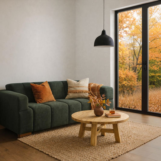 A modern living room scene featuring a dark green fabric sofa with orange and beige throw pillows, a round wooden coffee table, a textured beige rug, and a large black-framed glass door looking out onto an autumn forest.
