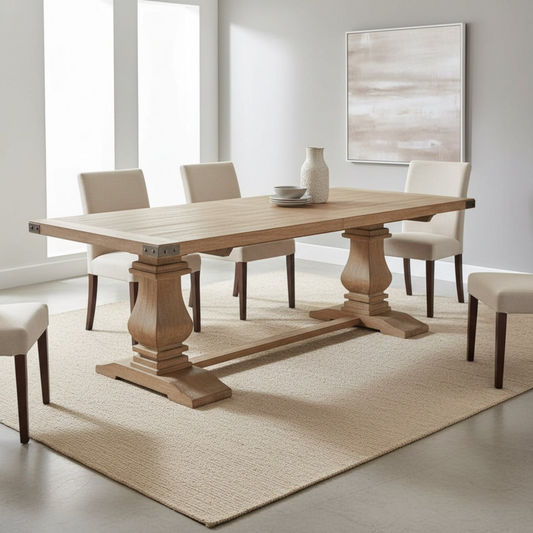 A rectangular wooden dining table with turned pedestal legs and a stretcher bar, shown in a bright dining room with four upholstered chairs, a rug, and wall art.