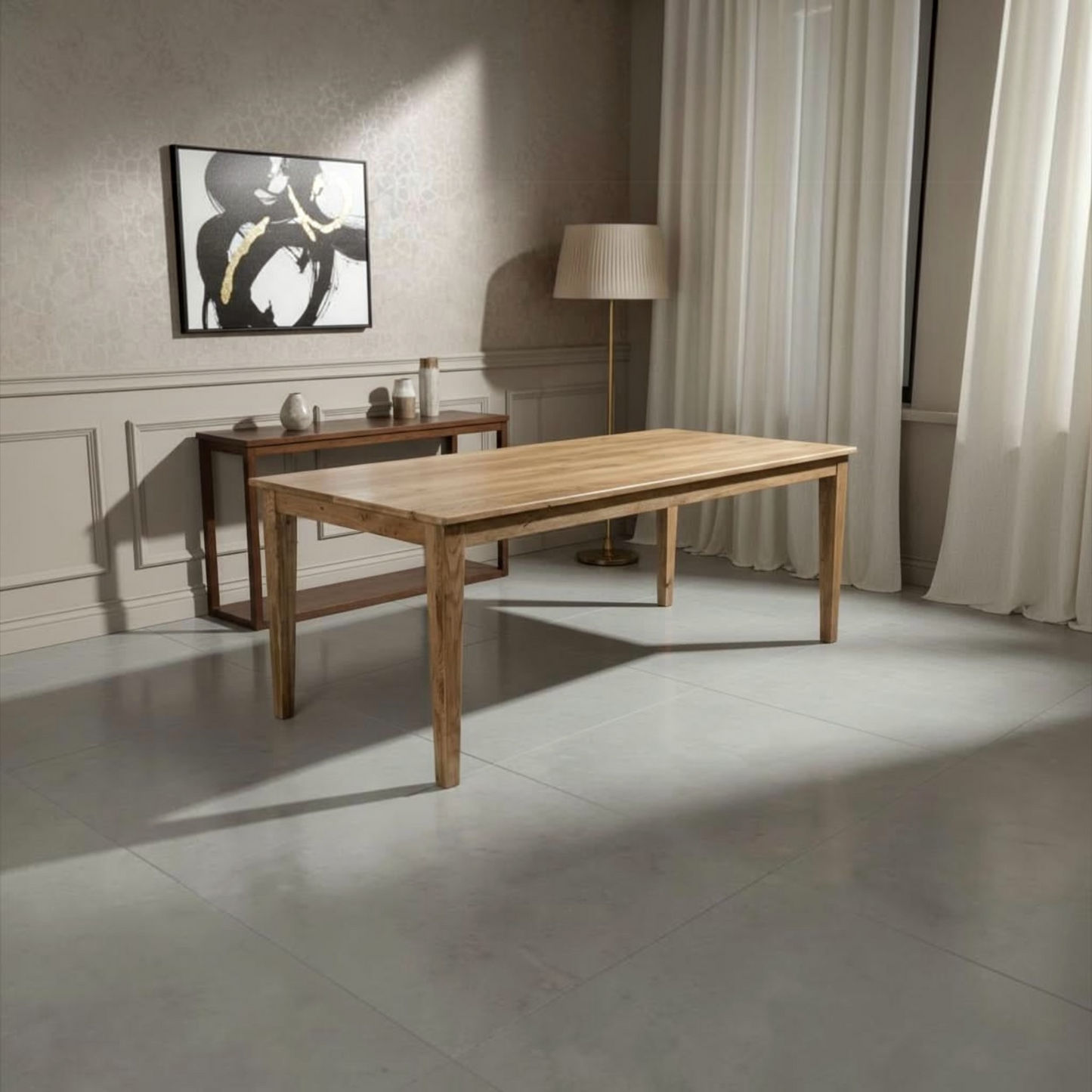 A rectangular wooden dining table with a natural oak finish is shown in a modern, sunlit room with gray concrete floors, white curtains, and a sideboard in the background.