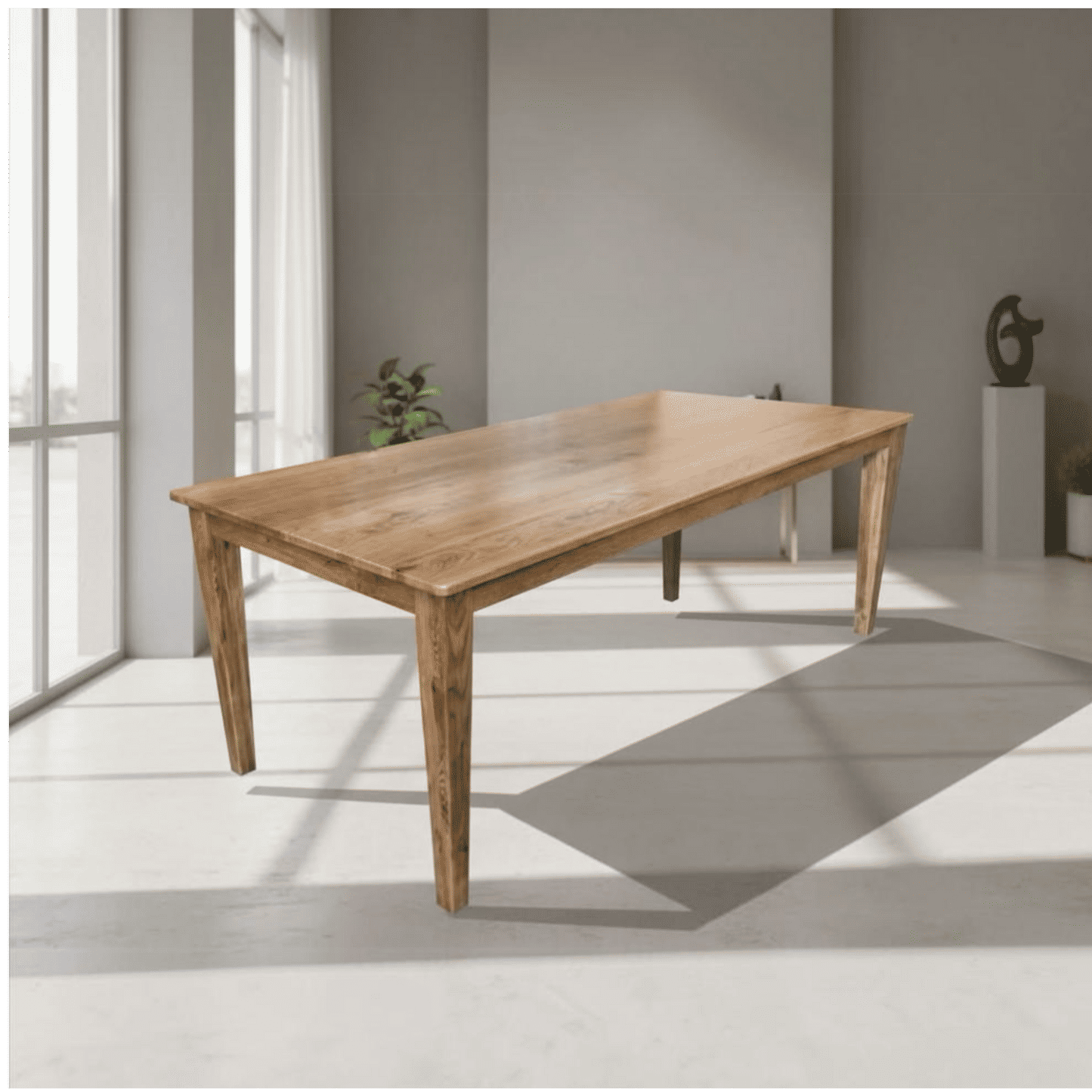 A rectangular wooden dining table with a natural oak finish and four tapered legs, shown in a modern minimalist room with gray walls and large windows.
