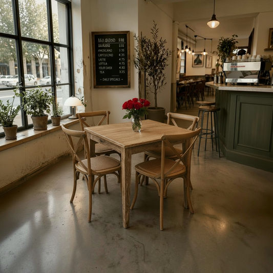 A rustic wooden dining table with four matching wooden chairs in a bright, modern cafe setting with a chalkboard menu, potted plants, and a green bar counter in the background.