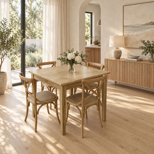 A light natural wood dining table with four matching woven-back chairs in a bright, modern dining room with warm sunlight streaming through large windows.