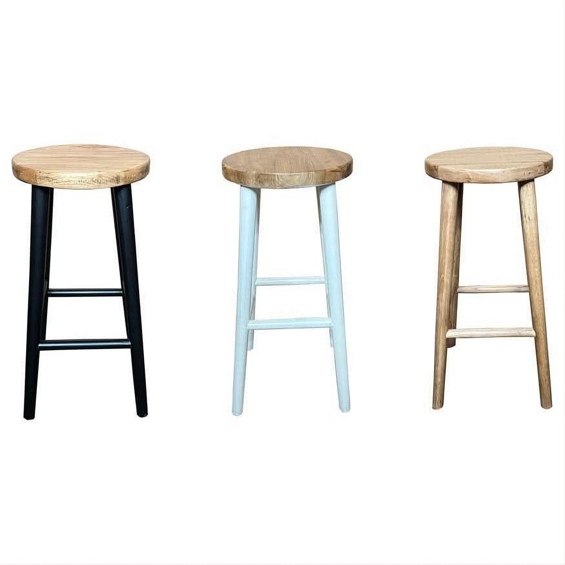 Three rustic-style bar stools with round natural wood seats and legs, shown side by side in black, pale blue, and natural wood finishes on a white background.