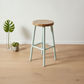 A mint green bar stool with a round natural wood seat and a light wood floor, styled in a minimalist room with a white wall and small plants in a glass vase.
