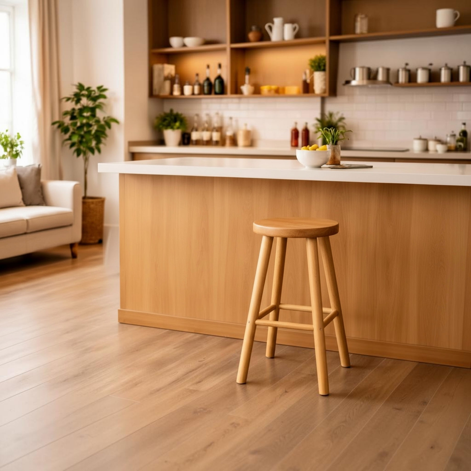 A light natural wood bar stool with a round seat and four legs stands in front of a modern kitchen island with a white countertop and warm wood cabinetry.