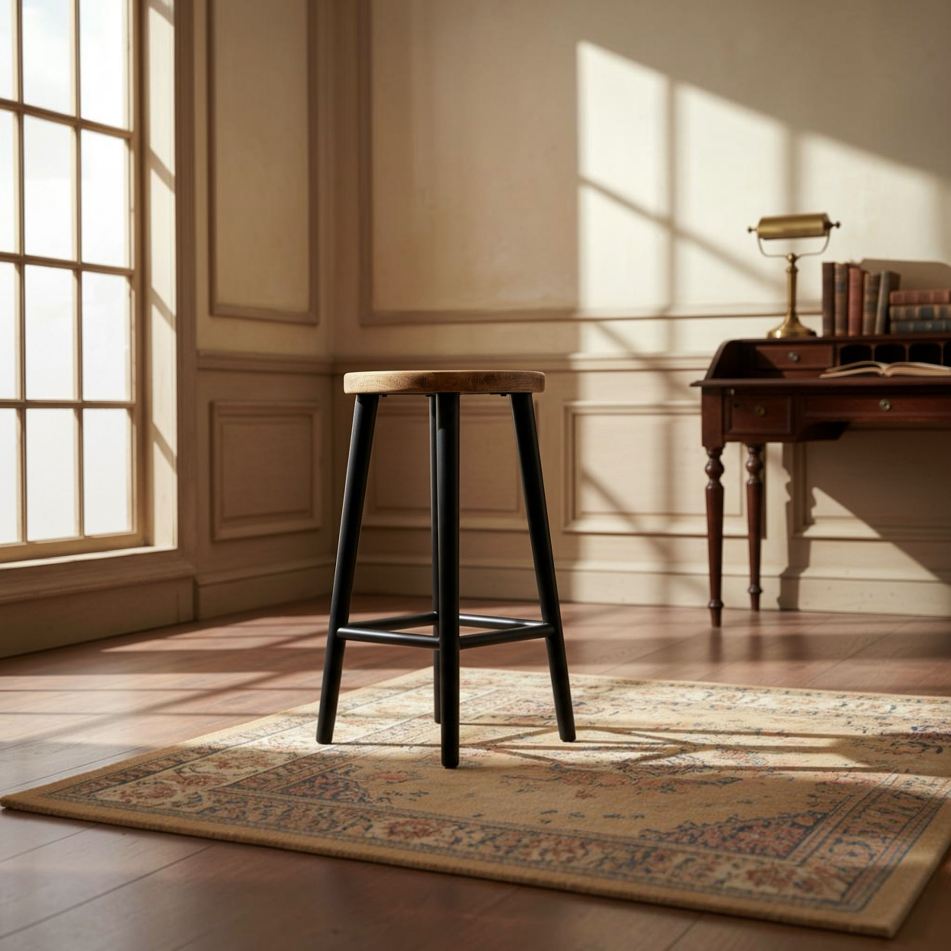 A wooden bar stool with black legs stands on a patterned area rug in a sunlit room with a desk and window in the background.