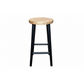 A rustic bar stool with a round natural wood seat and four black metal legs, shown against a plain white background.