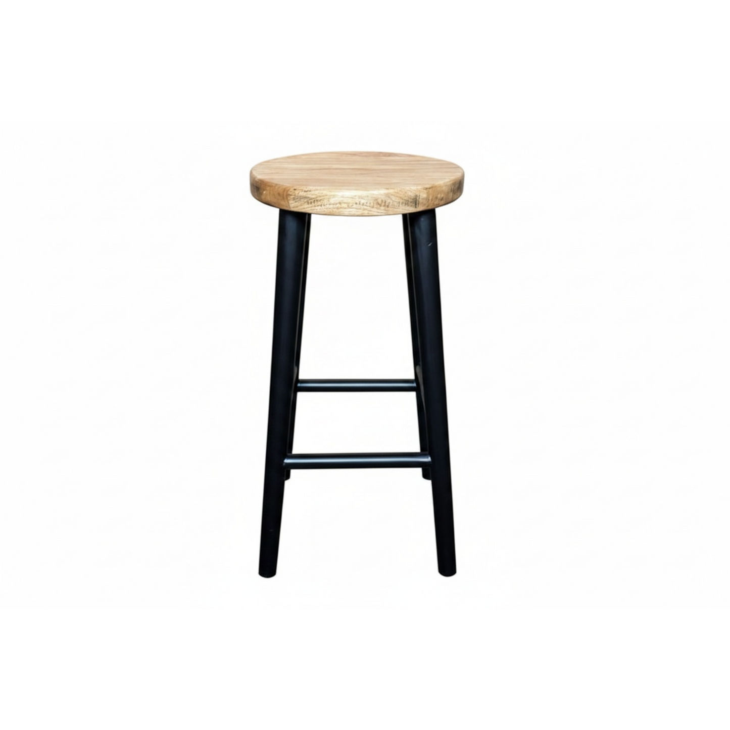 A rustic bar stool with a round natural wood seat and four black metal legs, shown against a plain white background.
