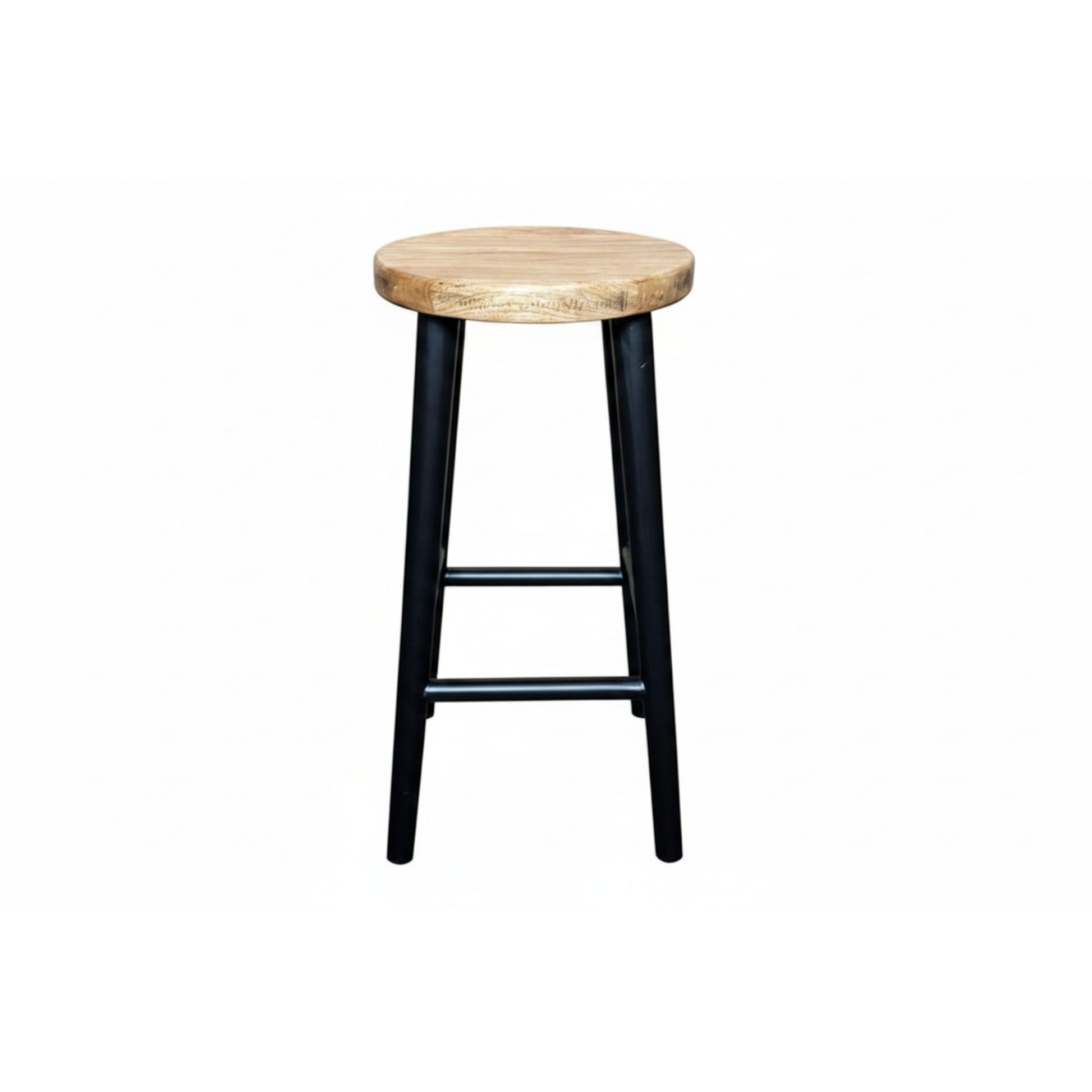 A rustic bar stool with a round natural wood seat and four black metal legs, shown against a plain white background.