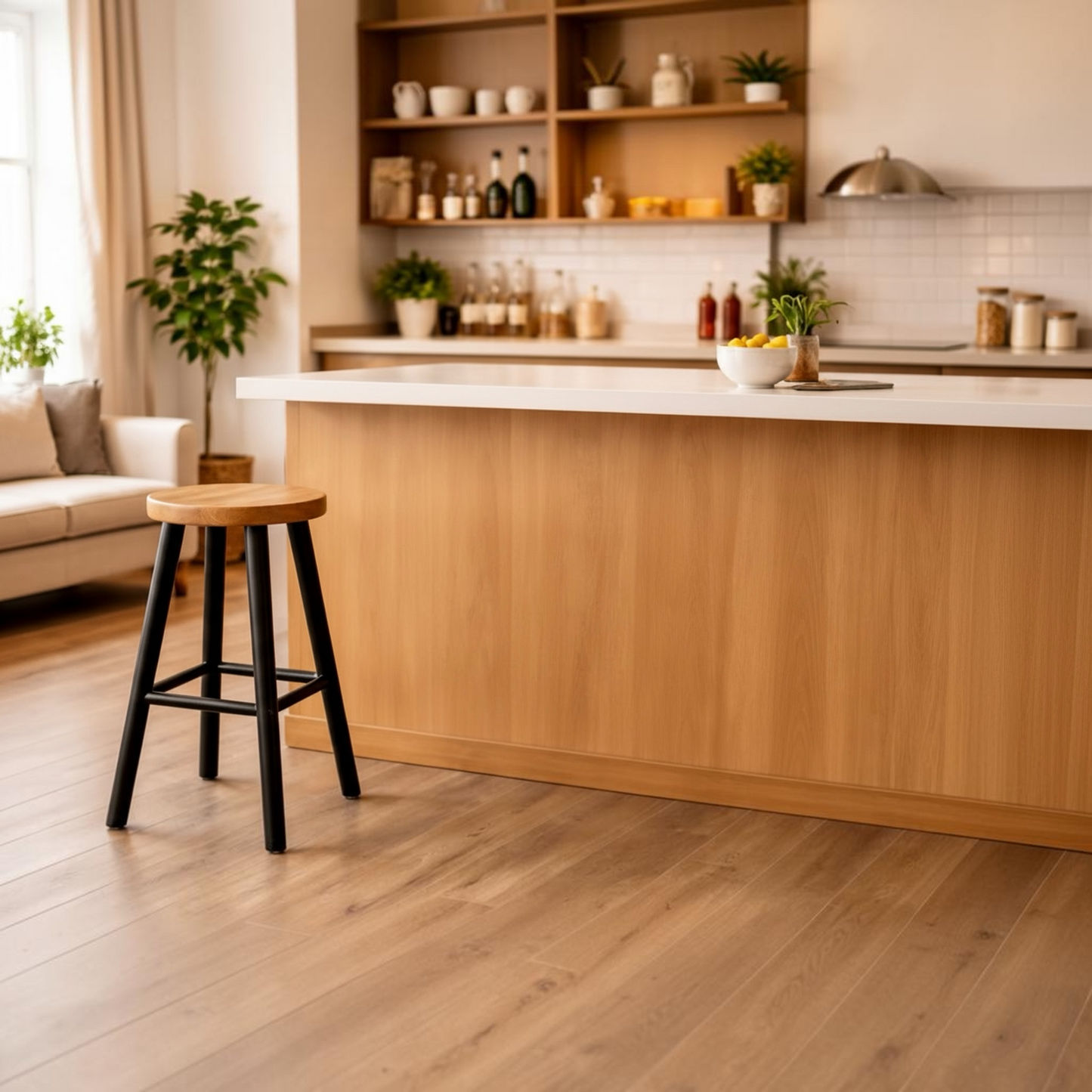 A modern kitchen island with a light wood base and white countertop, featuring a round wooden bar stool with black legs in the foreground. The room has light wood flooring, white subway tile backsplash, open wooden shelves with decorative items, and potted plants.