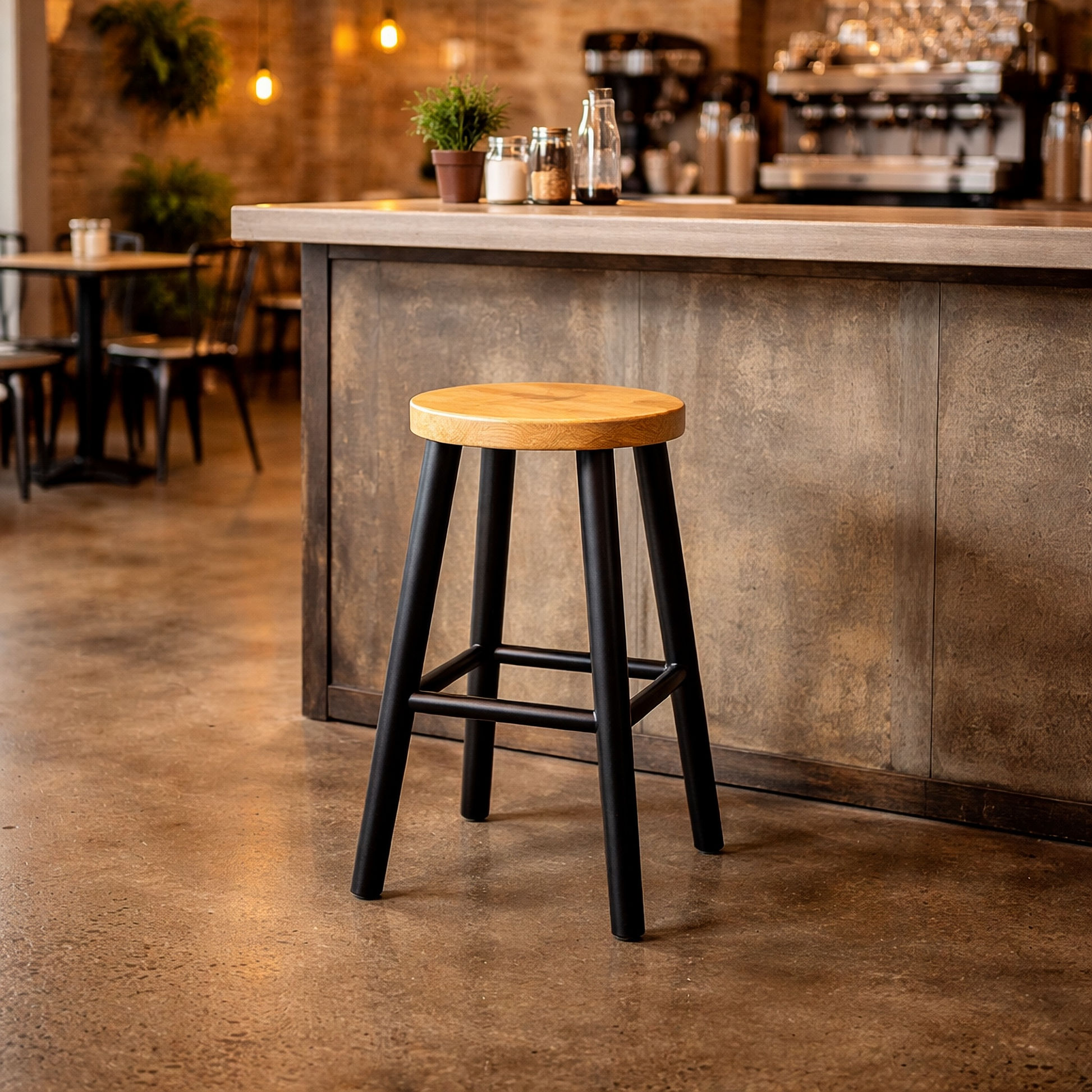 A modern bar stool with a light natural wood seat and black legs, positioned in front of a concrete-topped bar counter in a warm, industrial-style cafe setting.