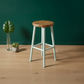 A modern bar stool with a round natural wood seat and pale mint green legs, set on a light wood floor against a dark green wall with small potted plants in the background.