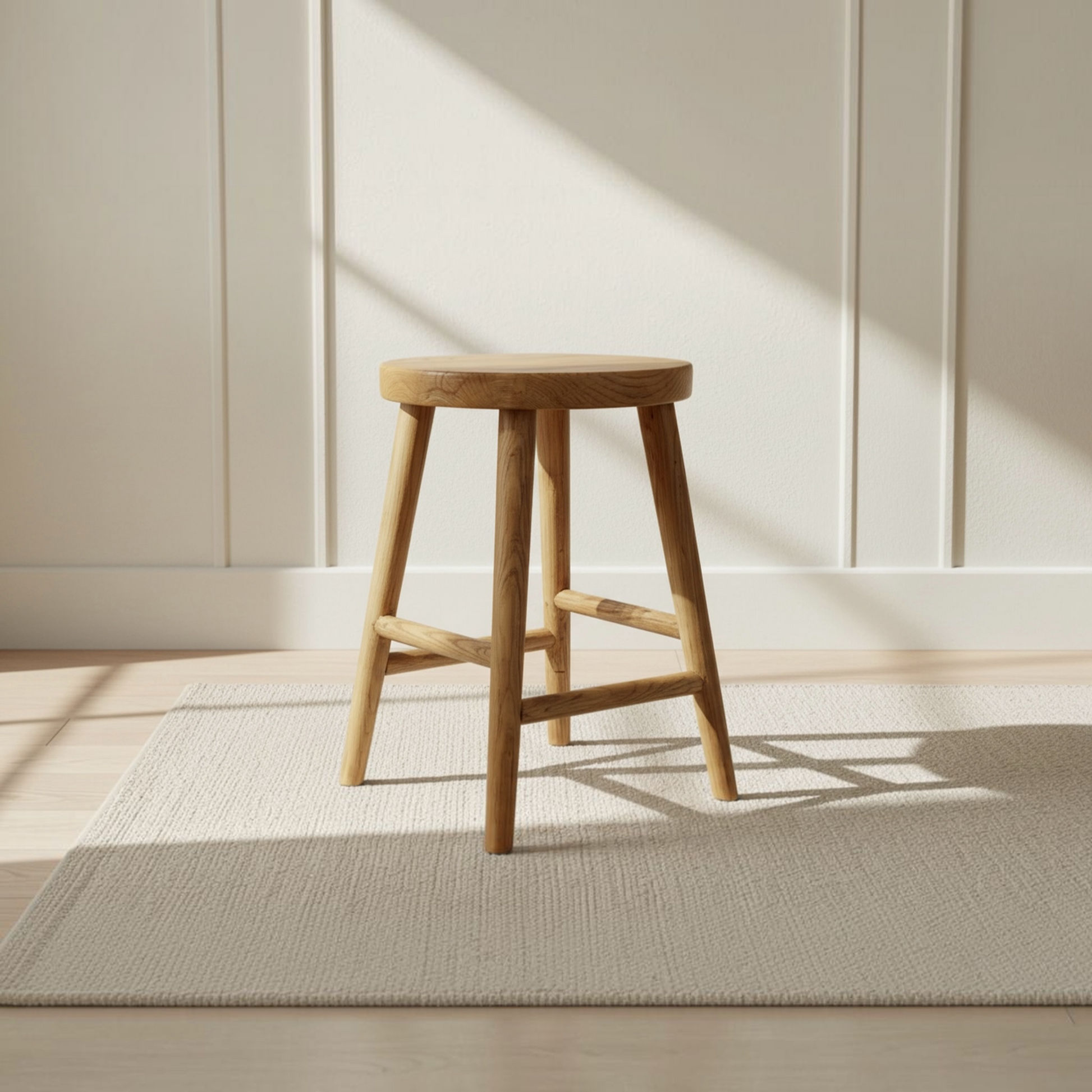 A natural wood bar stool with a round seat and four legs, positioned on a textured cream rug in front of a white paneled wall with soft sunlight casting shadows.