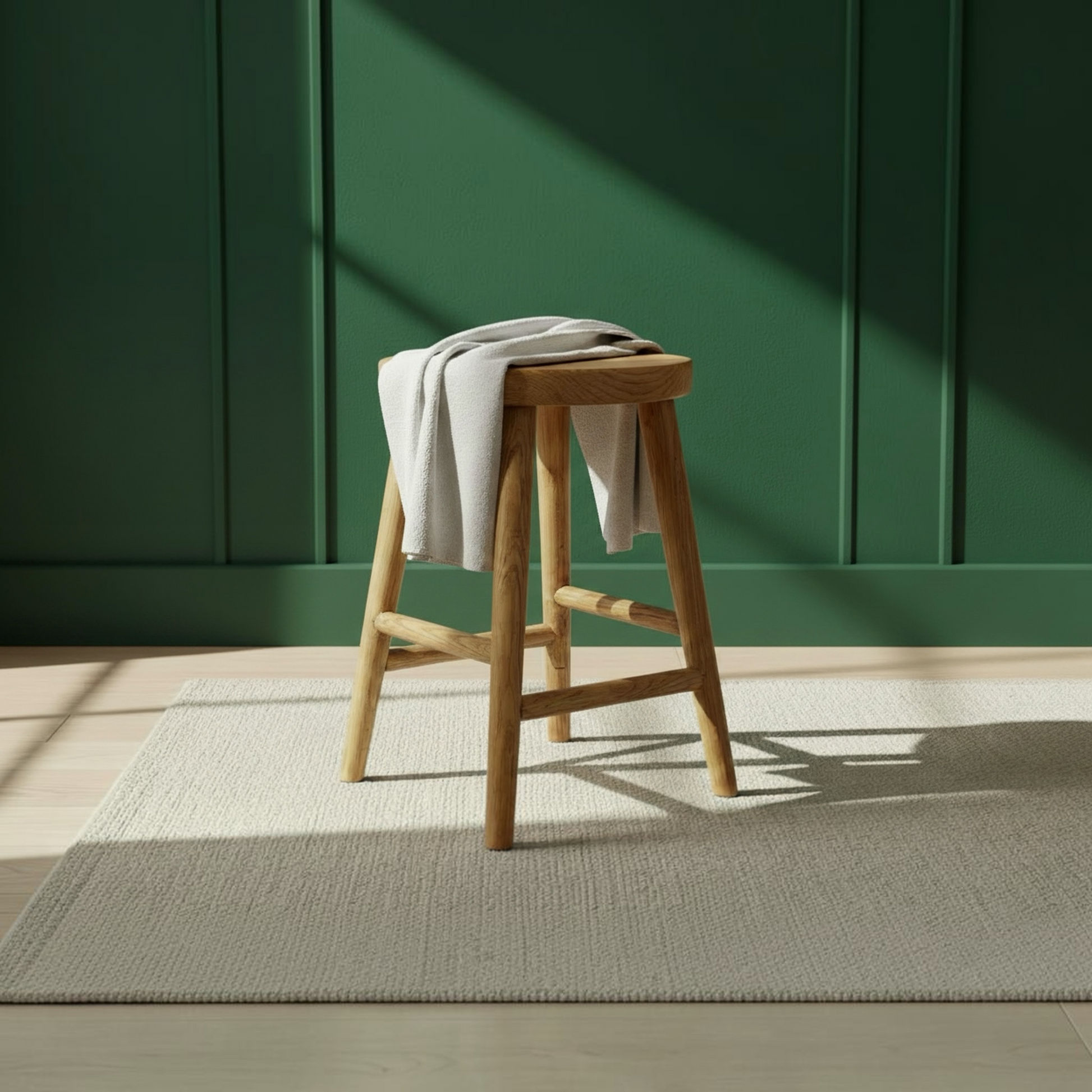 A light natural wood stool with a draped off-white throw blanket, set on a textured cream rug against a dark green paneled wall with soft sunlight casting shadows.
