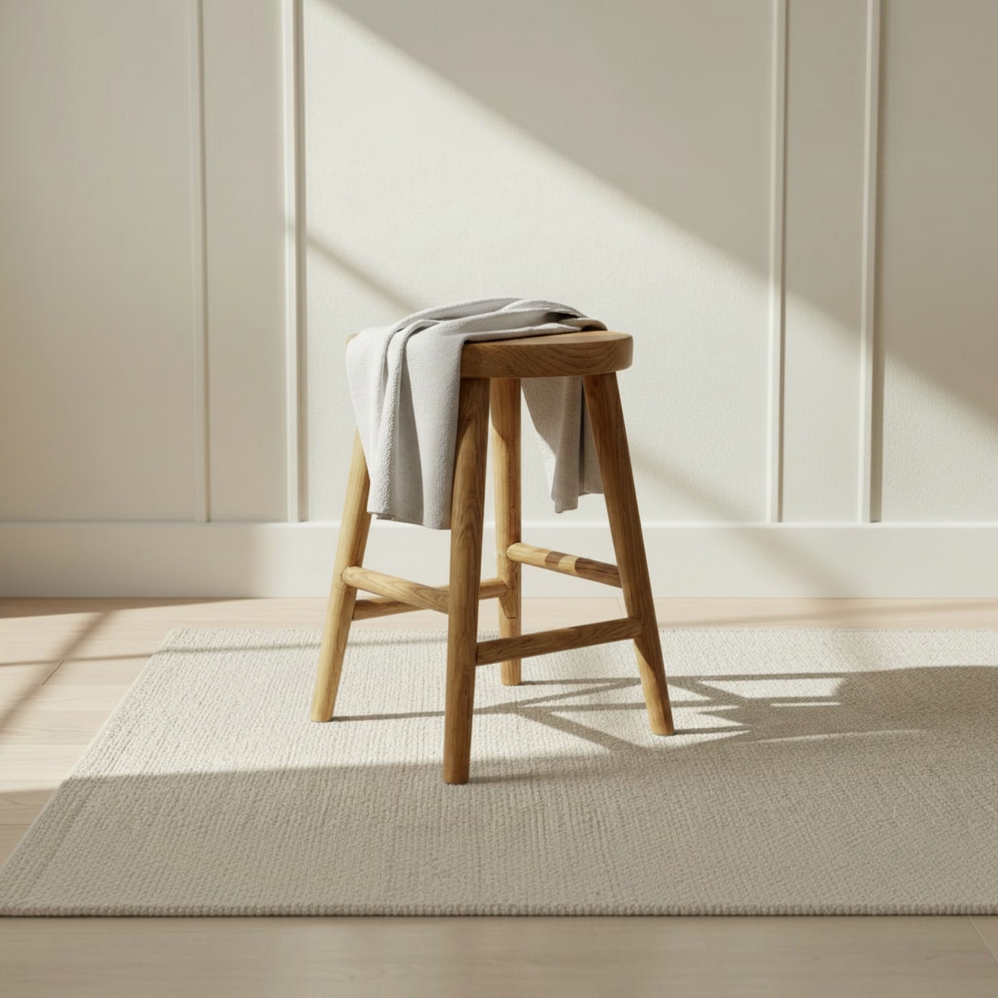 A light natural wood stool with a draped light gray throw blanket, set on a textured cream rug against a beige paneled wall with soft window light.