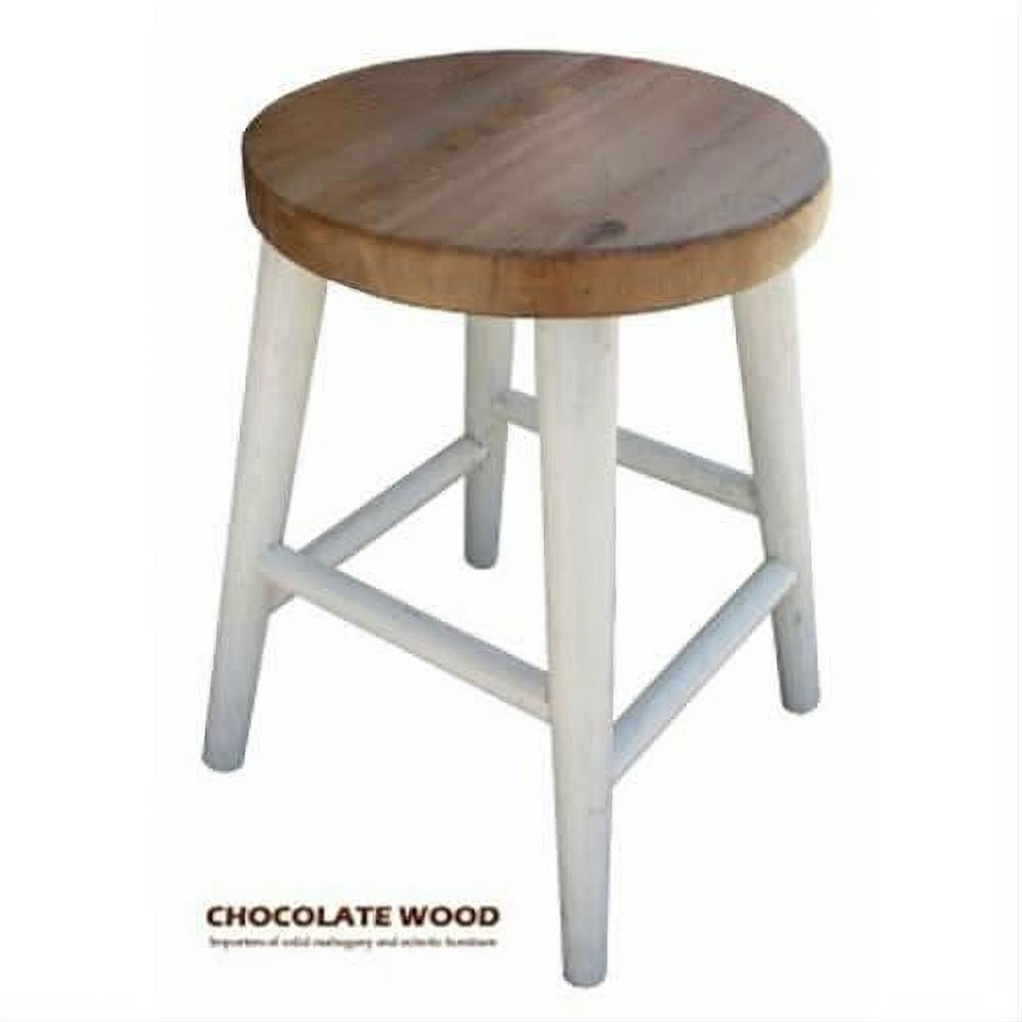 A rustic bar stool with a round chocolate wood seat and four distressed white legs, shown against a plain white background with a text overlay at the bottom.