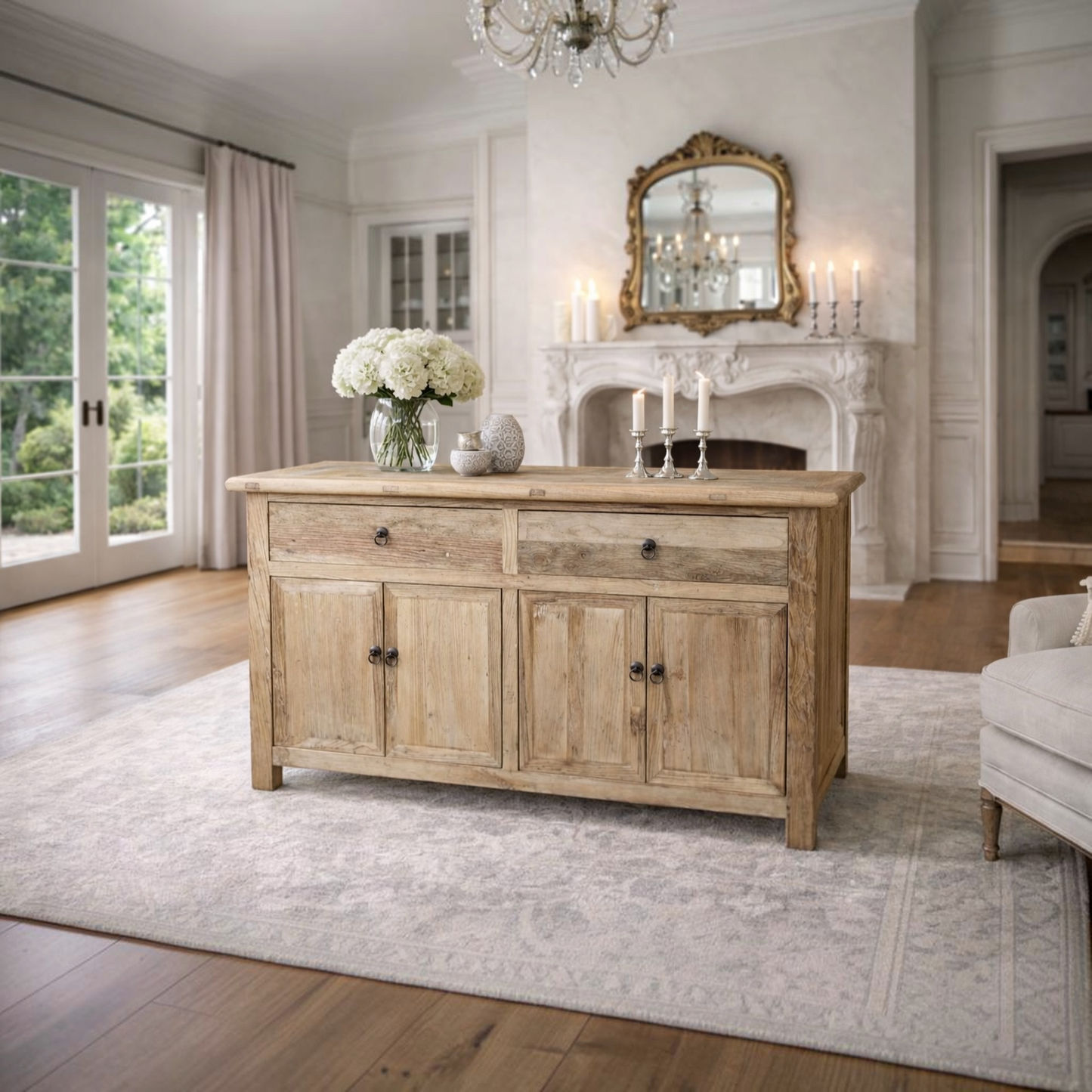 A rustic light wood sideboard or credenza with three drawers on top and three cabinet doors below, styled in a bright, classic living room with a fireplace, mirror, and decorative flowers.