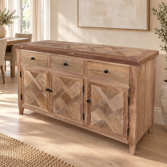 Moro Recycled Elm Rustic 3-Door 3-Drawer Buffet / Sideboard with Parquetry Pattern 140cm