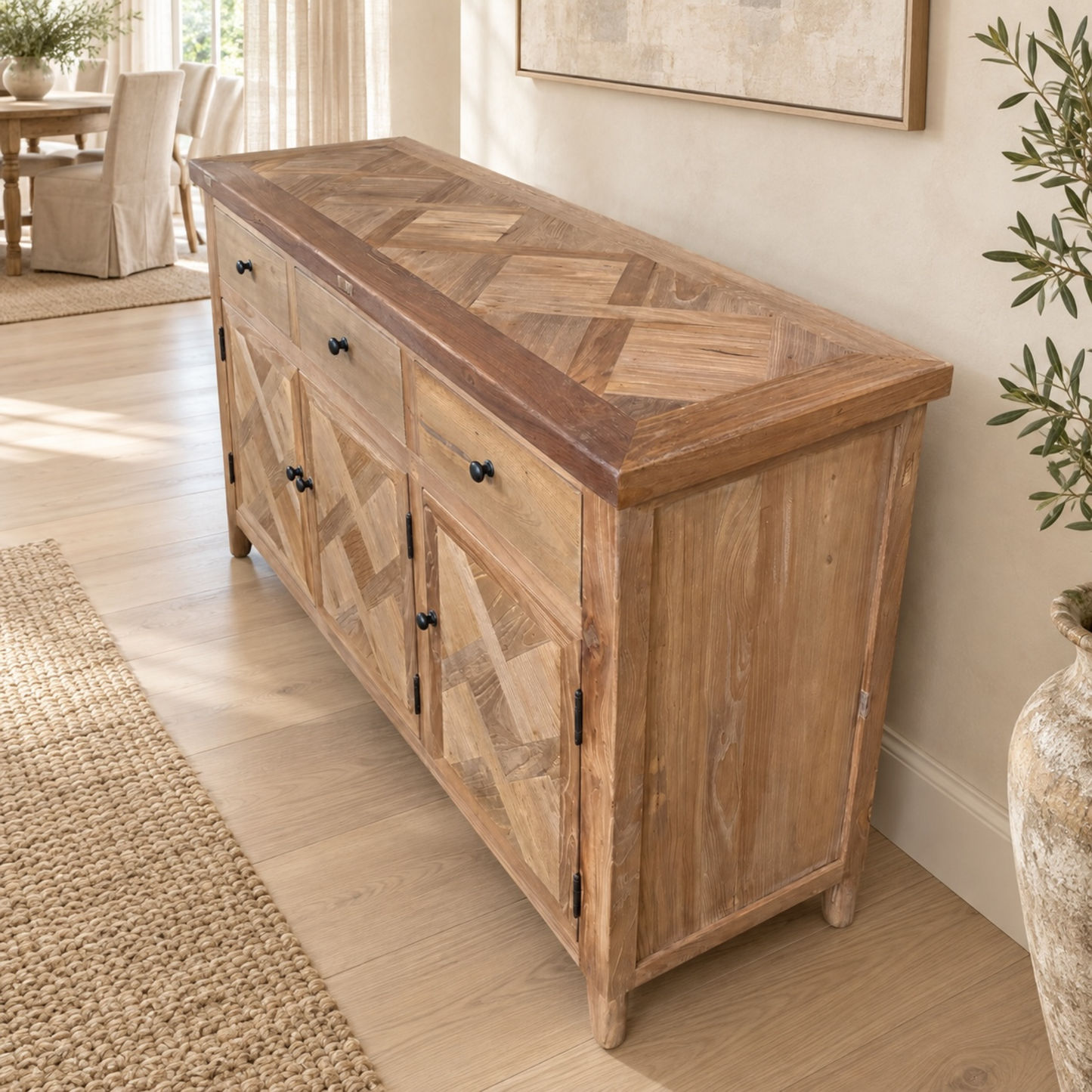 Moro Recycled Elm Rustic 3-Door 3-Drawer Buffet / Sideboard with Parquetry Pattern 140cm