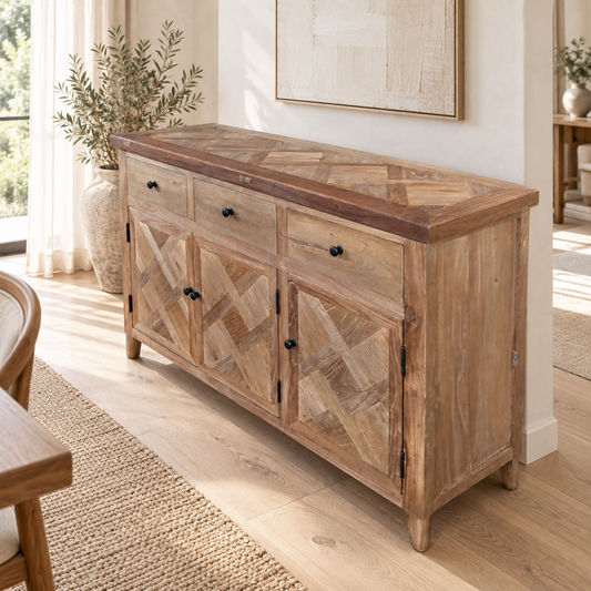 Moro Recycled Elm Rustic 3-Door 3-Drawer Buffet / Sideboard with Parquetry Pattern 140cm