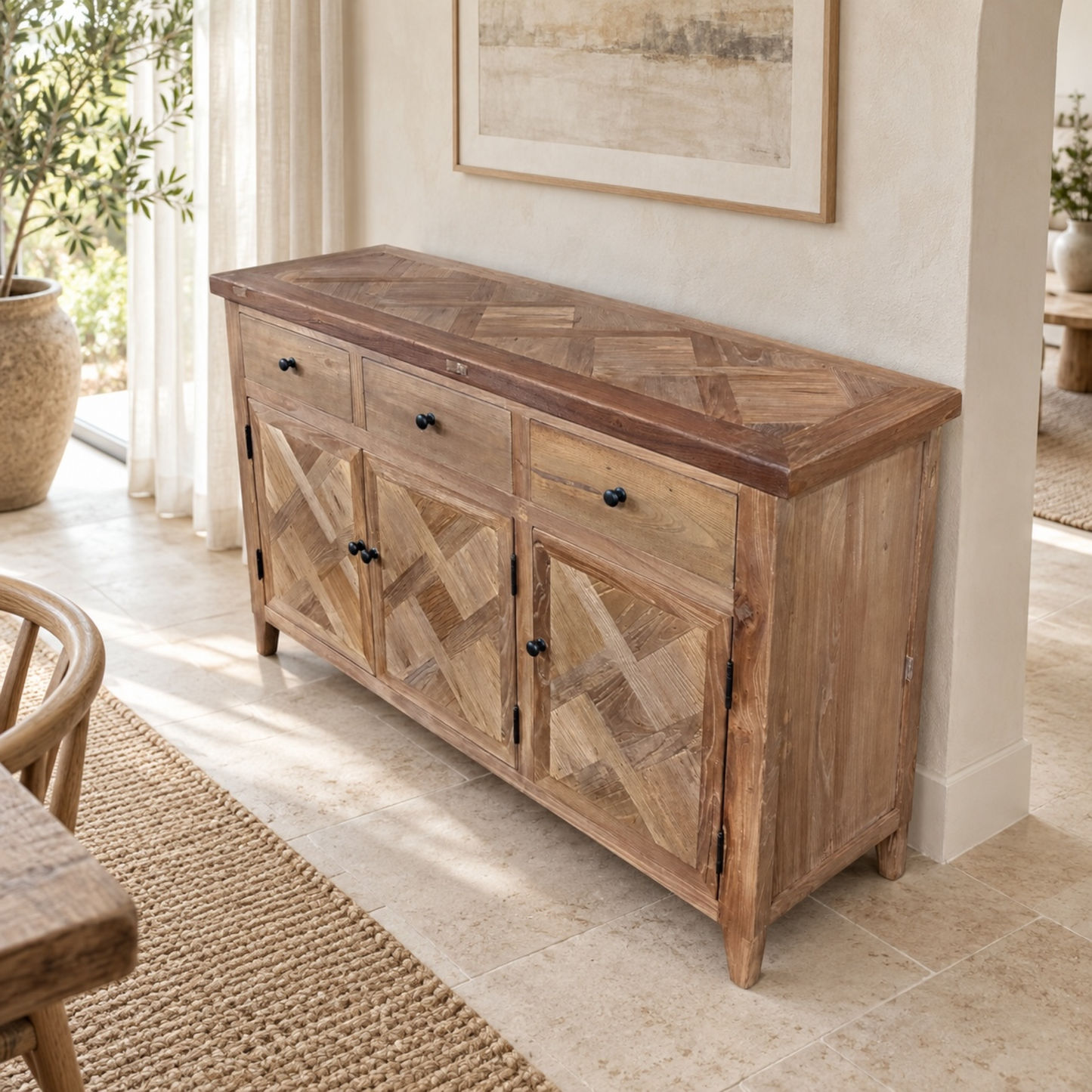 Moro Recycled Elm Rustic 3-Door 3-Drawer Buffet / Sideboard with Parquetry Pattern 140cm