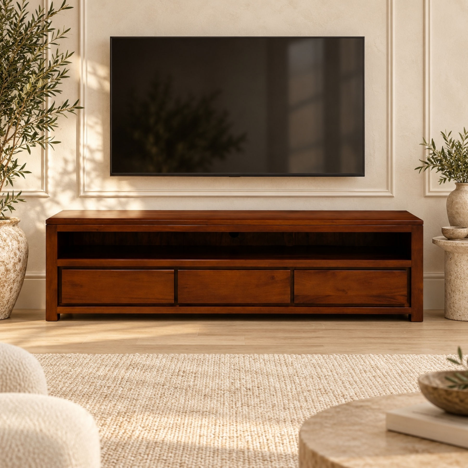 A dark brown wooden TV stand with three drawers and an open shelf, positioned beneath a wall-mounted flat-screen television in a styled living room setting with beige walls, a woven rug, and potted plants.