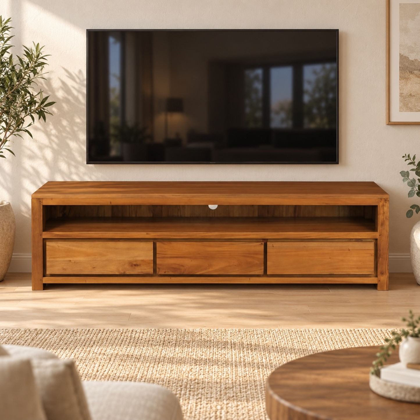 A warm medium-brown wooden TV stand with three drawers and open shelving, shown in a styled living room setting under a wall-mounted television.