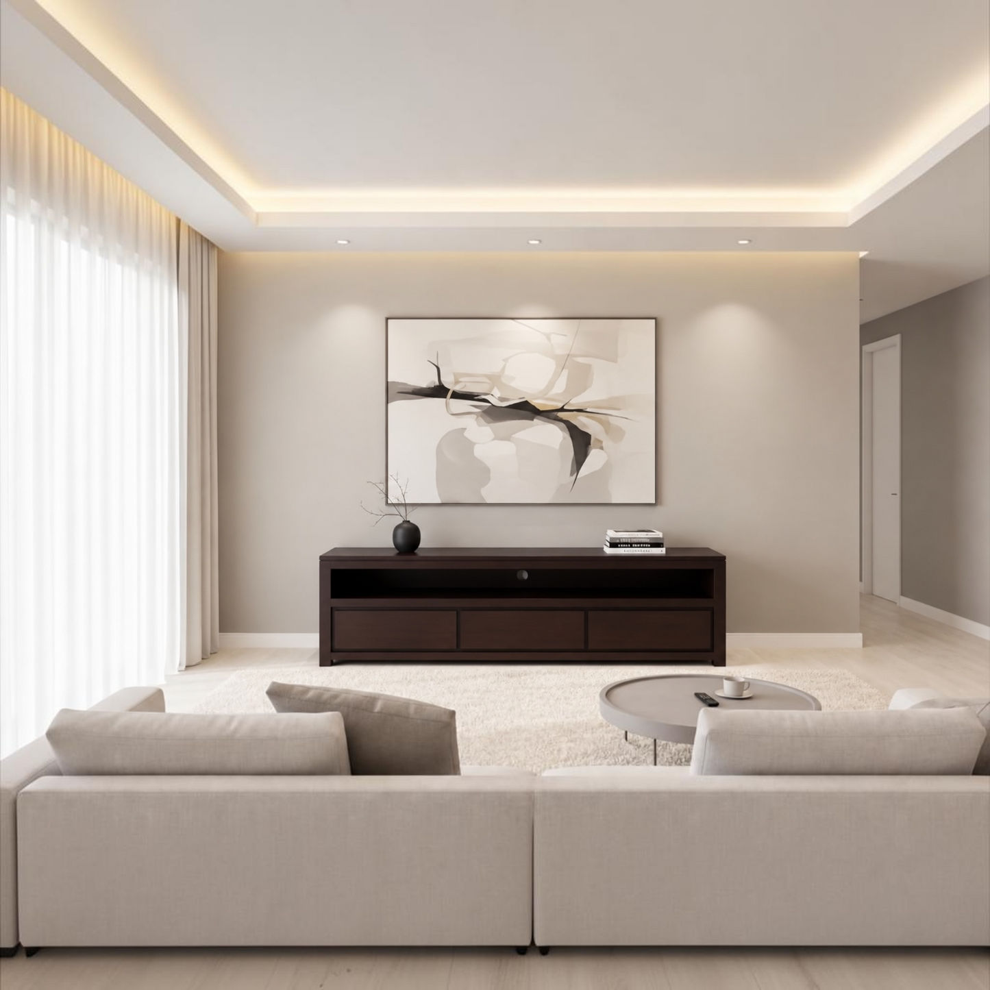 A modern living room interior with a large abstract wall art piece centered above a dark wood console, with a light beige sofa in the foreground and a round coffee table on a white rug.
