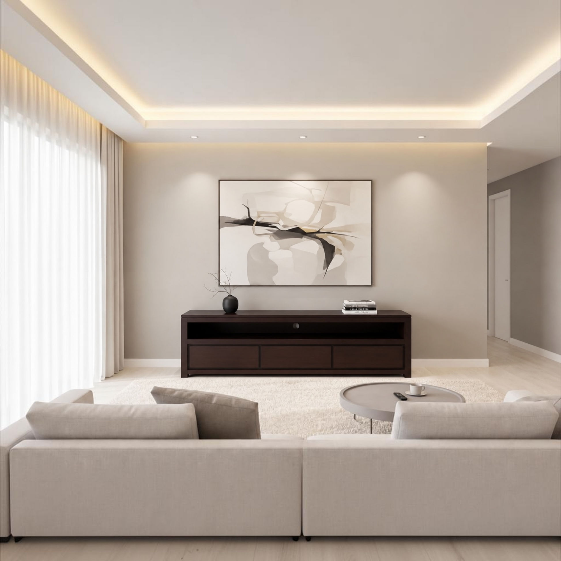A modern living room interior with a large abstract wall art piece centered above a dark wood console, with a light beige sofa in the foreground and a round coffee table on a white rug.