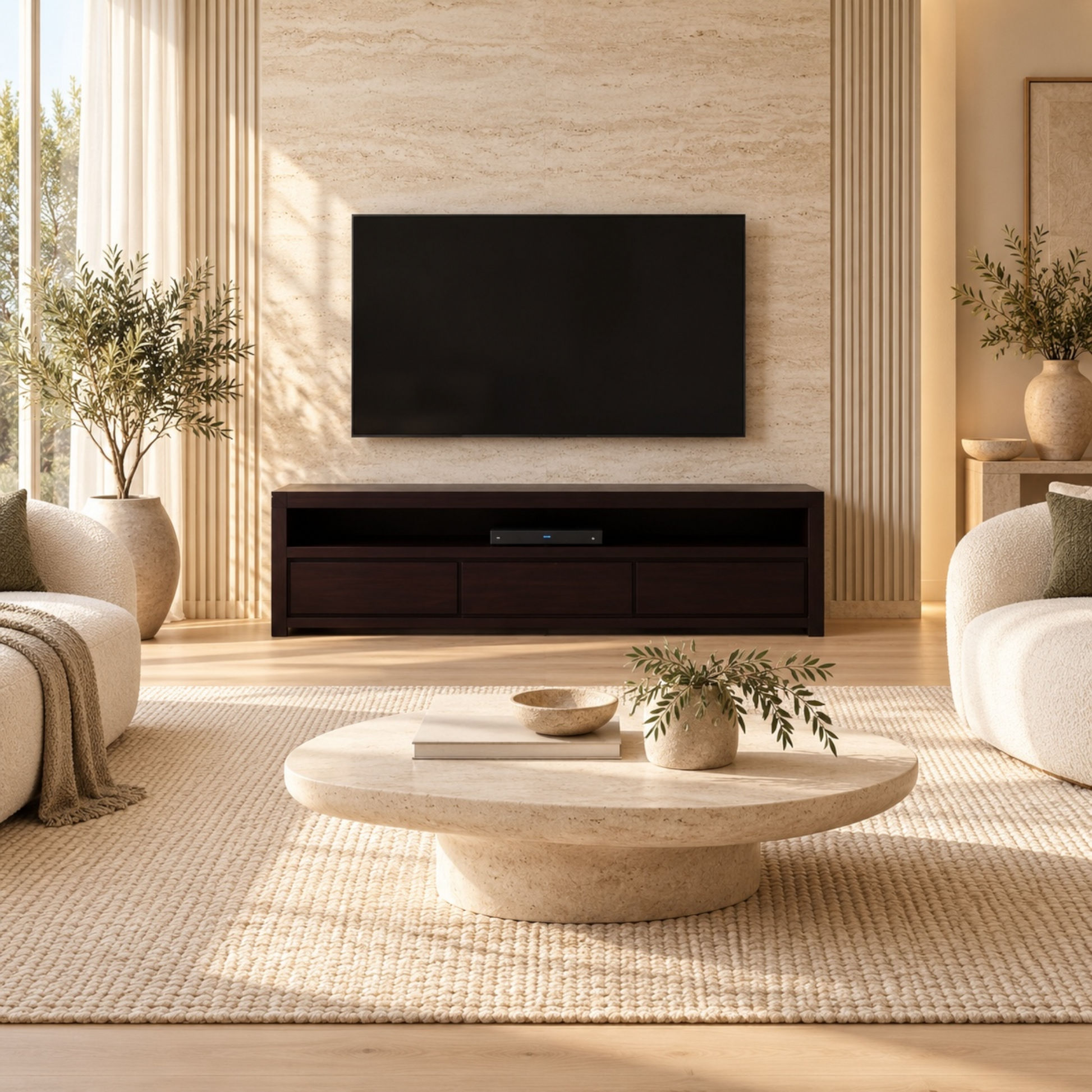A modern living room scene featuring a black flat-screen TV mounted on a beige textured wall above a dark wood media console, with a round stone coffee table and neutral-toned seating in the foreground.