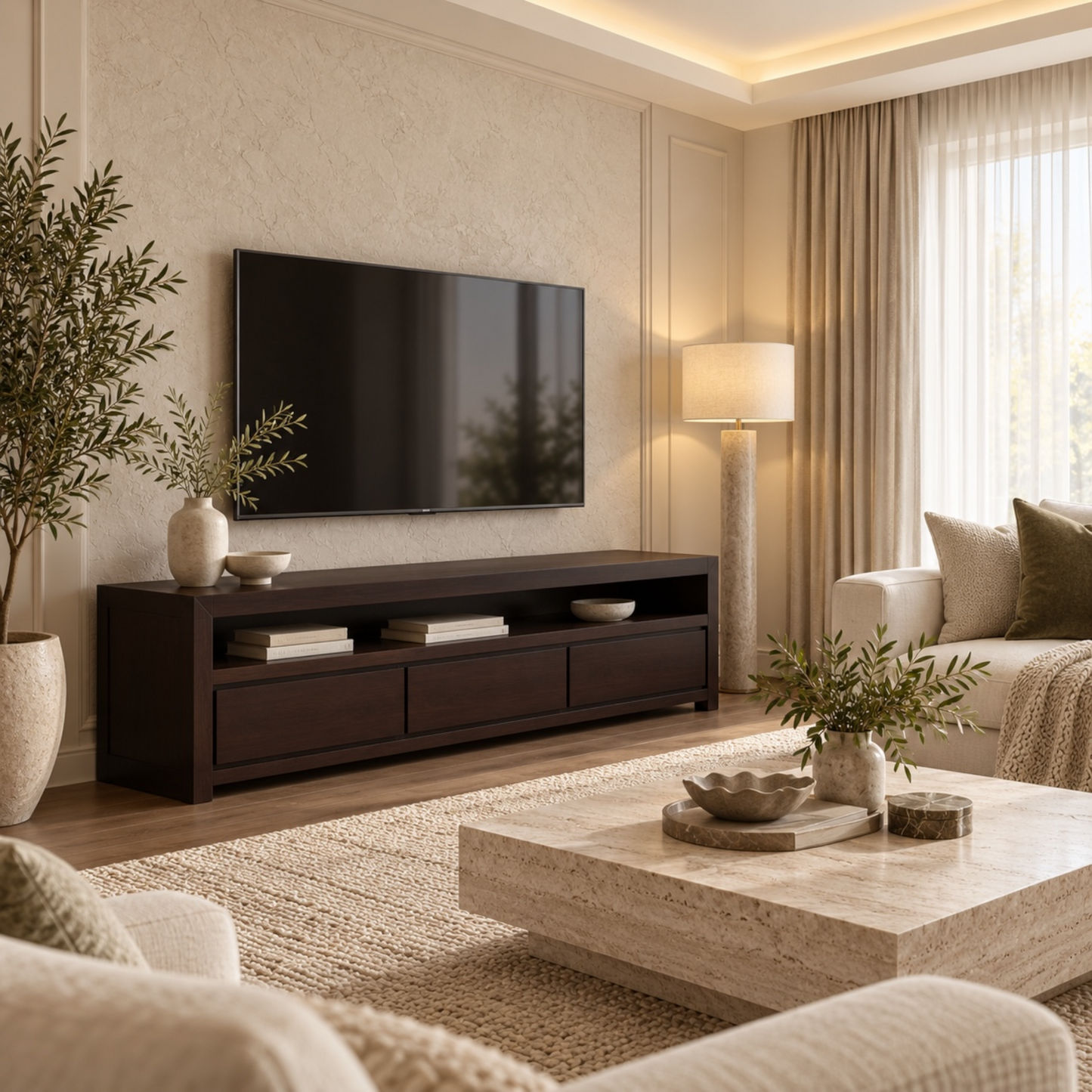 A modern living room scene featuring a dark brown wooden TV stand console with open shelving, styled with a large black flat-screen TV, ceramic vases, and books. The room has warm beige walls, a textured beige rug, a matching stone coffee table, and a cream sofa in the background.