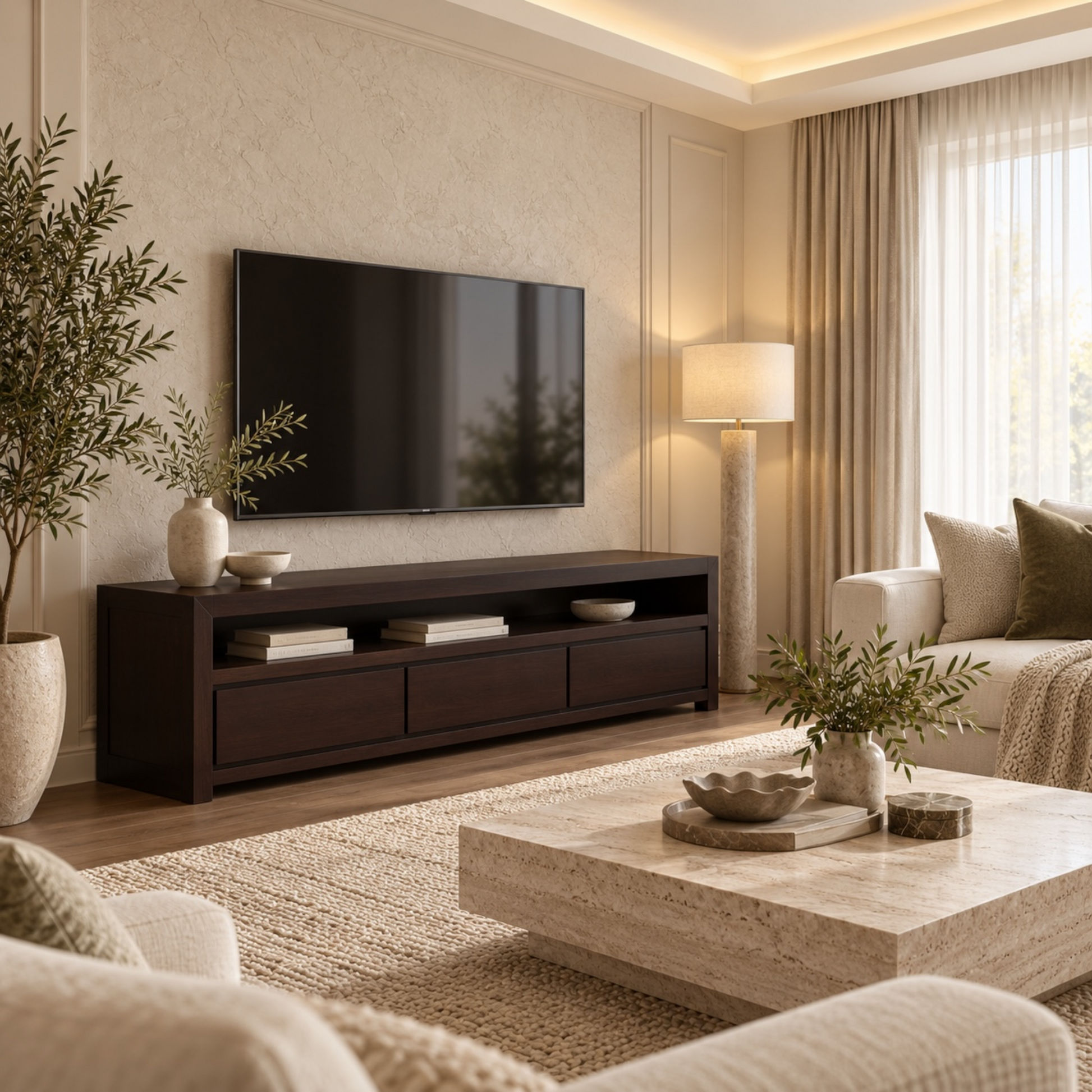 A modern living room scene featuring a dark brown wooden TV stand console with open shelving, styled with a large black flat-screen TV, ceramic vases, and books. The room has warm beige walls, a textured beige rug, a matching stone coffee table, and a cream sofa in the background.