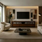 A modern living room interior featuring a dark wood media console with a mounted black television, two abstract wall art pieces, a cream curved armchair, a dark coffee table, and a light beige sofa in a well-lit, minimalist room.