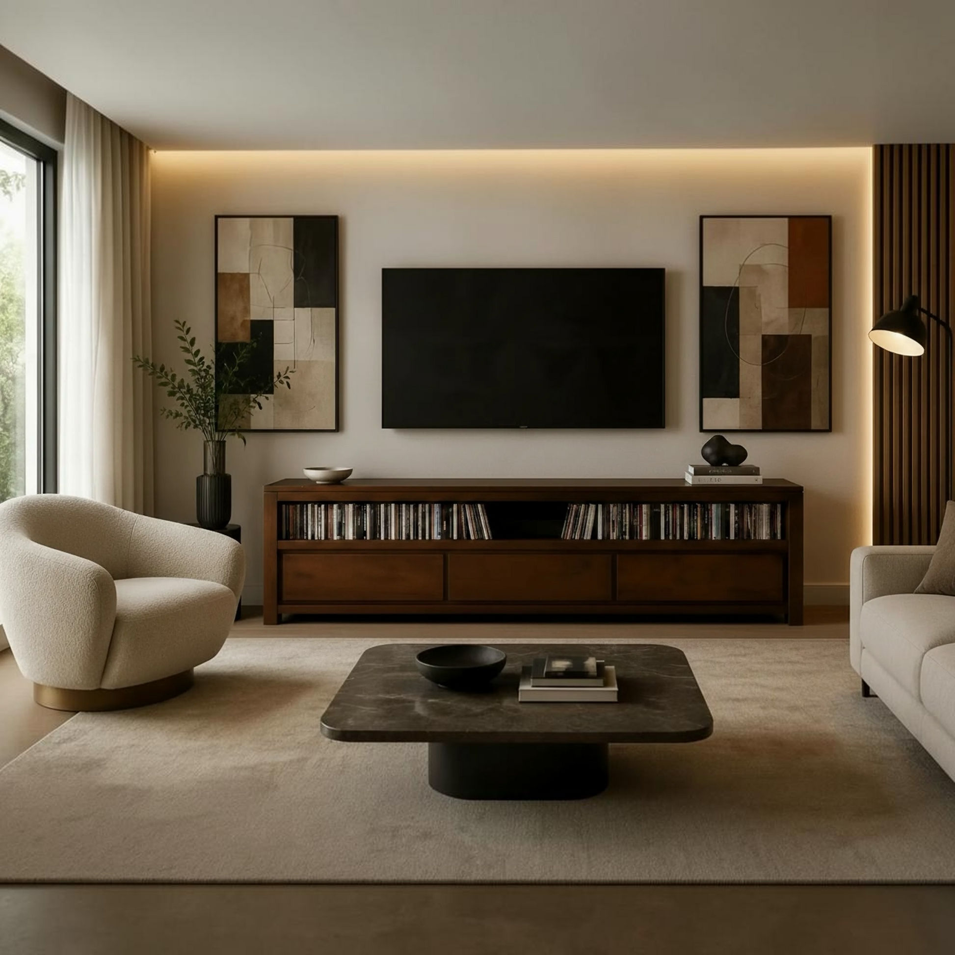 A modern living room interior featuring a dark wood media console with a mounted black television, two abstract wall art pieces, a cream curved armchair, a dark coffee table, and a light beige sofa in a well-lit, minimalist room.