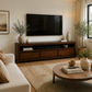 A modern living room scene featuring a dark wood TV stand with a mounted flat-screen television, styled with ceramic vases, books, and potted olive trees. The room has warm beige walls, a cream-colored sofa, a round wooden coffee table, and a textured beige rug.