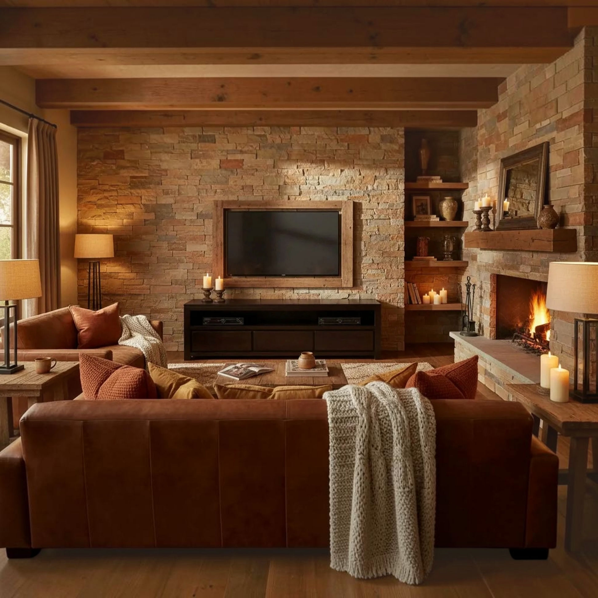 A warm, rustic living room featuring a large brown leather sectional sofa in the foreground, a brick fireplace with a lit fire on the right, and a stone wall with a mounted TV in the background.